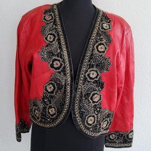 Gina G Vintage Leather Beaded Bolero Jacket  L XL